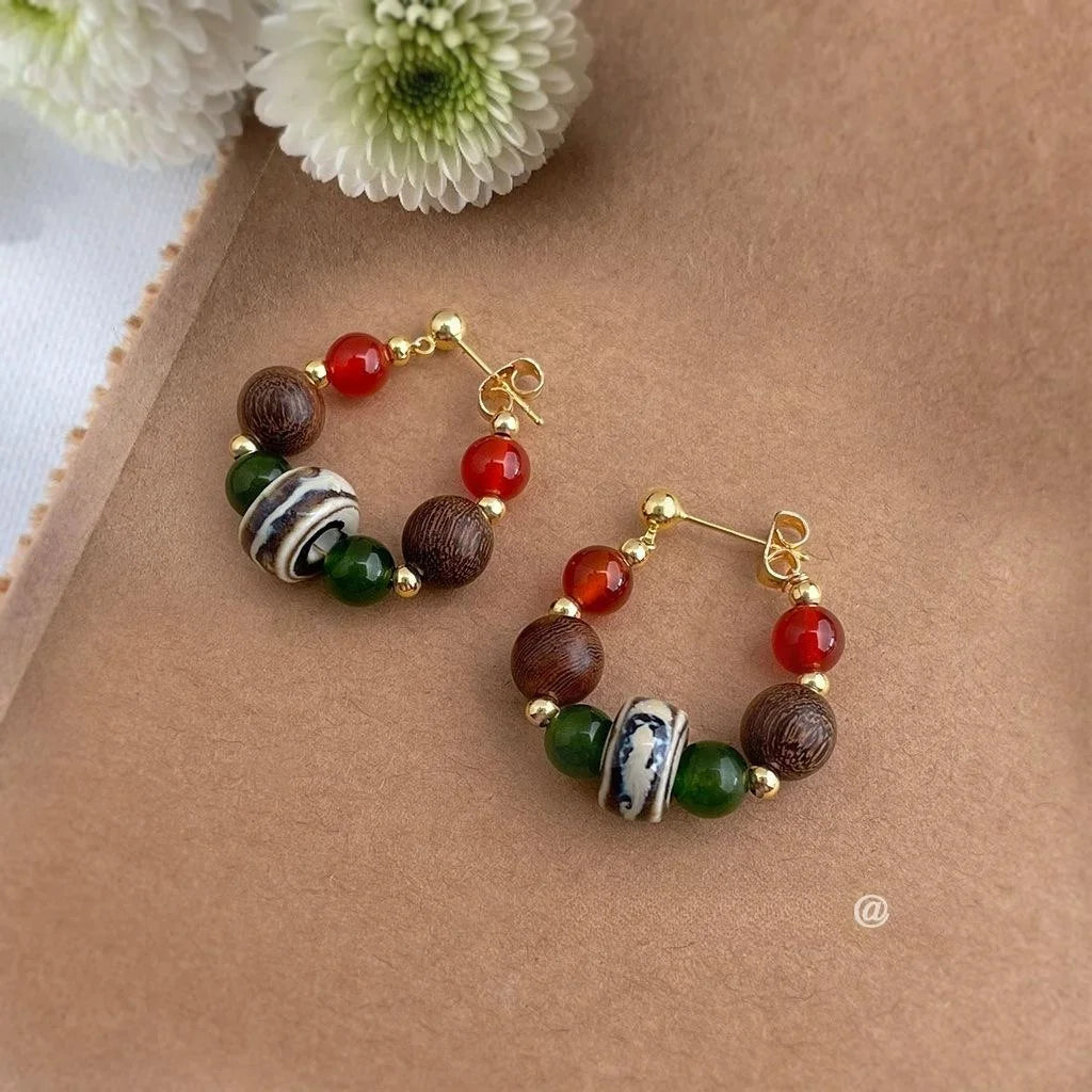 Vintage Handmade Ceramic Agate Geometric Irregular Round Hoop Line Drop Earrings