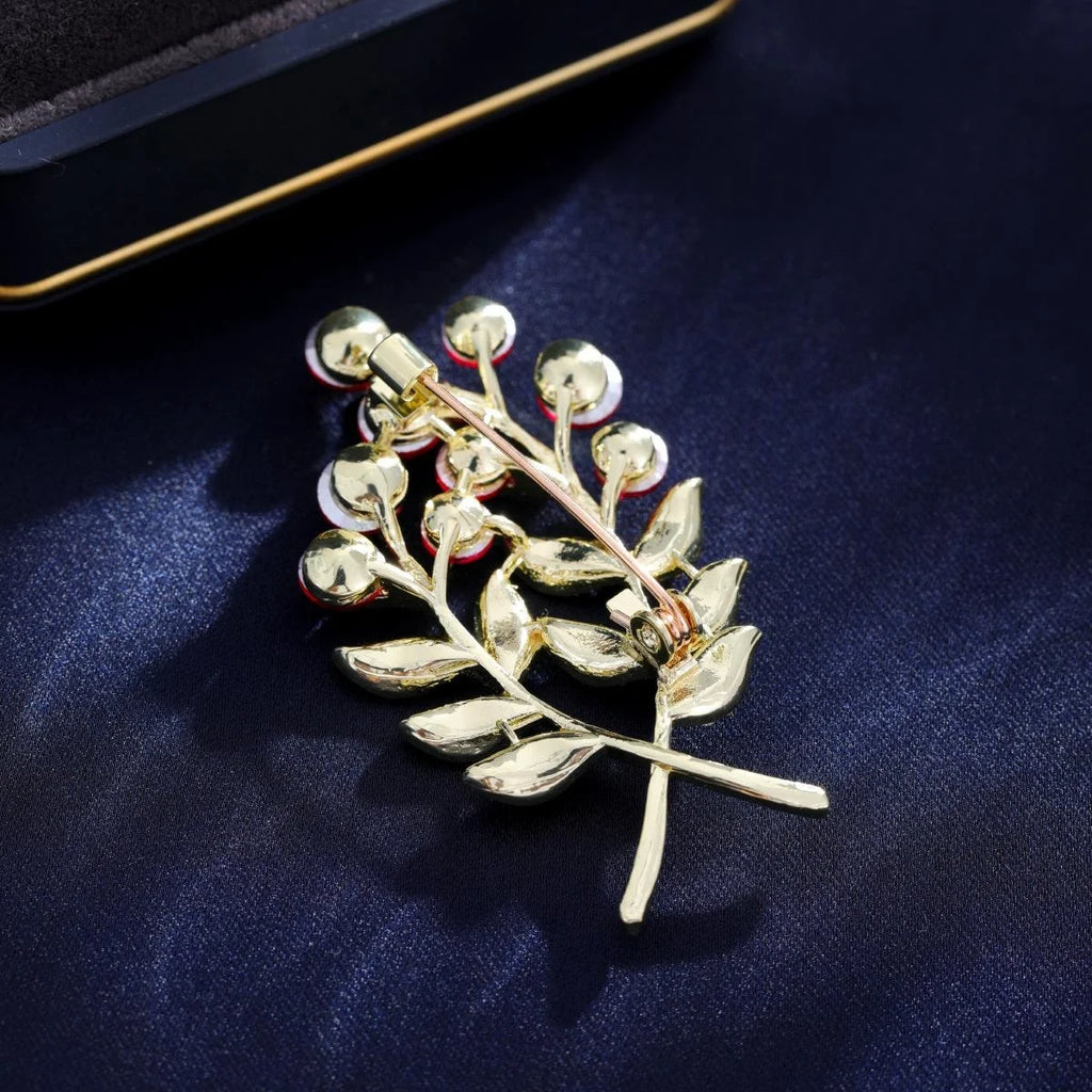 Luxury Money Tree Plant Brooch With Pink Rhinestone Berries, Gold Alloy Leaf Lapel Pin Corsage Gift