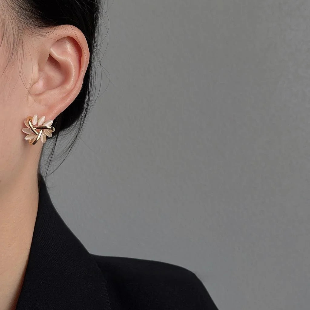 Elegant 14K Plated Copper Glass Cat Eye Stone Flower Petal Stud Earrings For Women