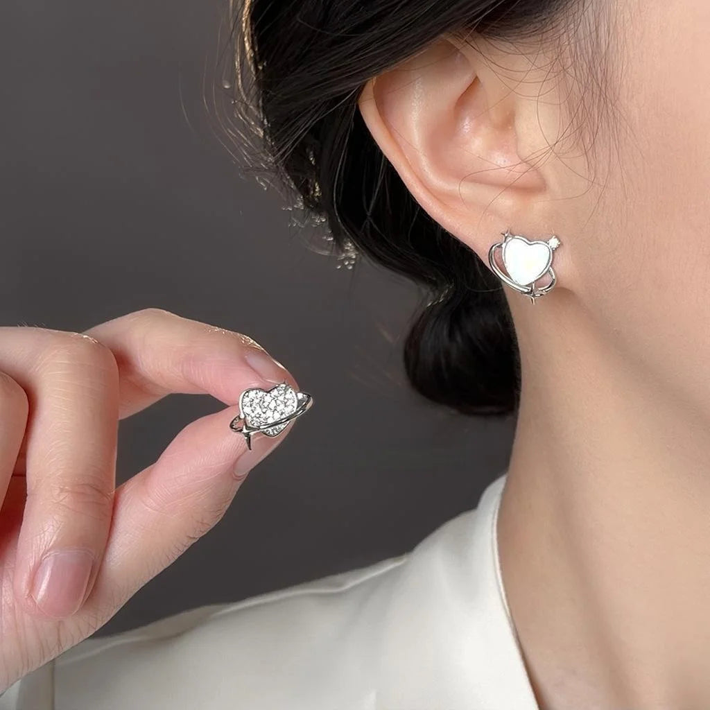 Sweet Cool Asymmetric Heart Planet Micro Pave Zircon Stud Earrings