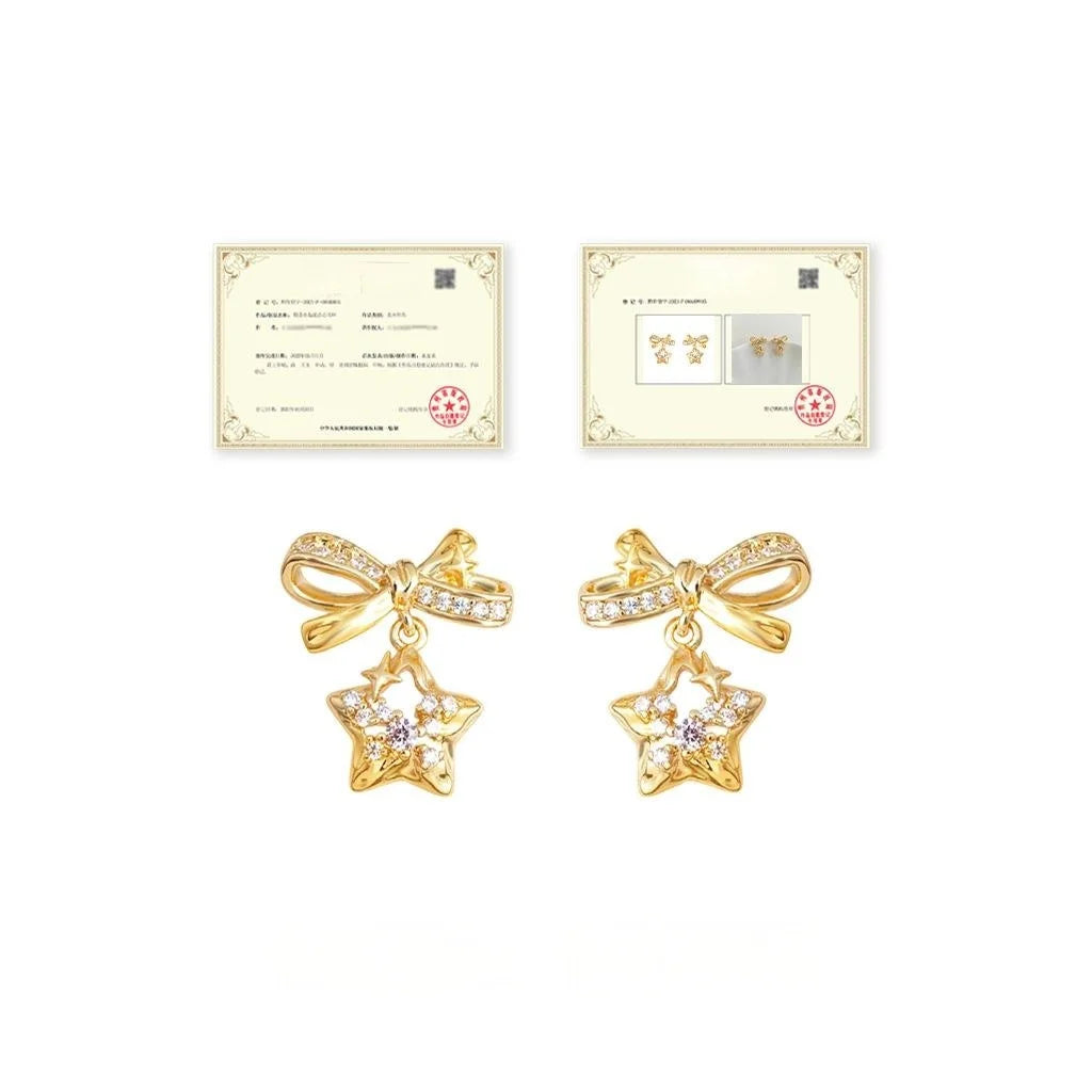Style Meteor Bow Star Drop Earrings Copper Zircon Micro Pave Sweet Jewelry