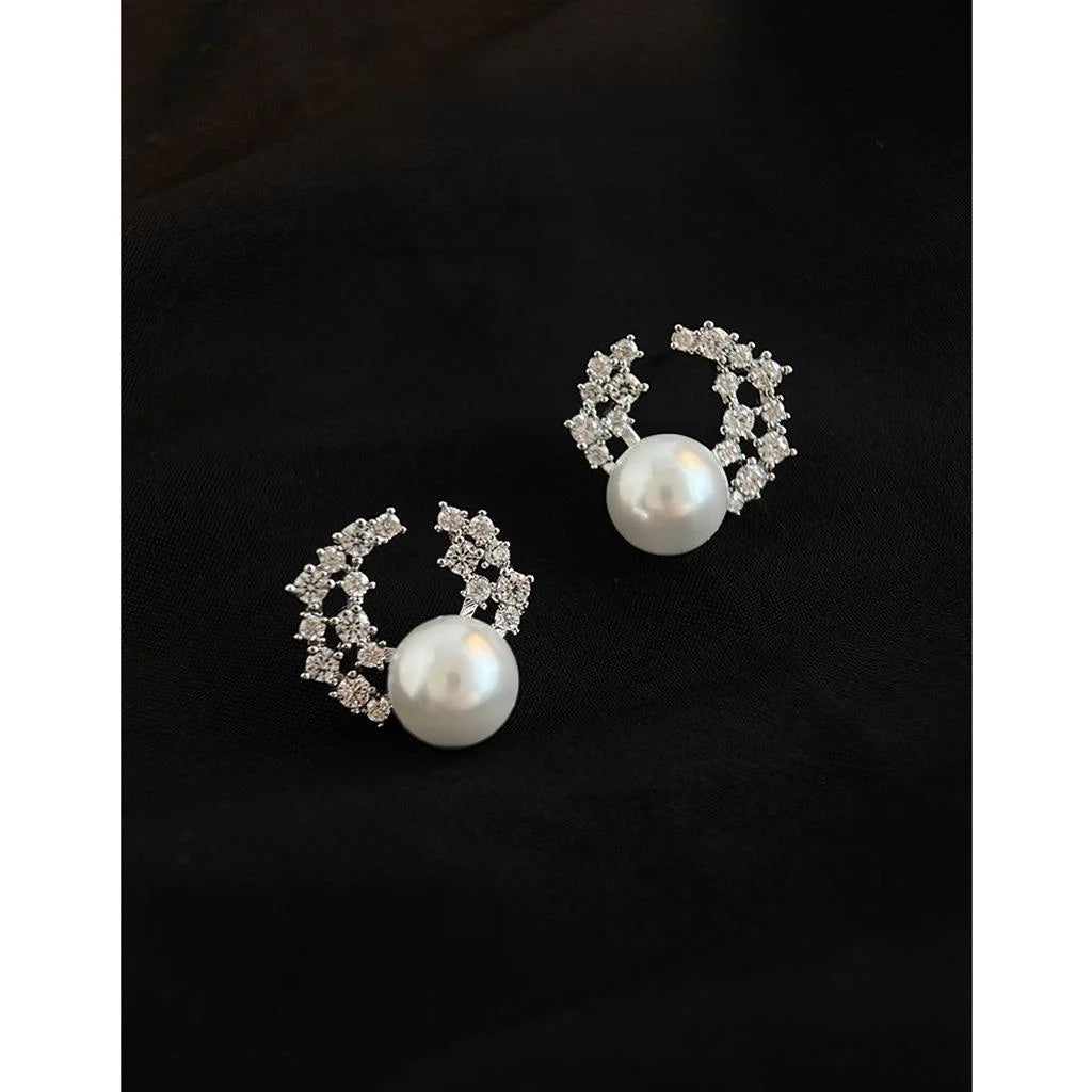 Geometric Moon Star Zircon Pearl Drop Earrings Silver Plated Needle Style Designer Jewelry