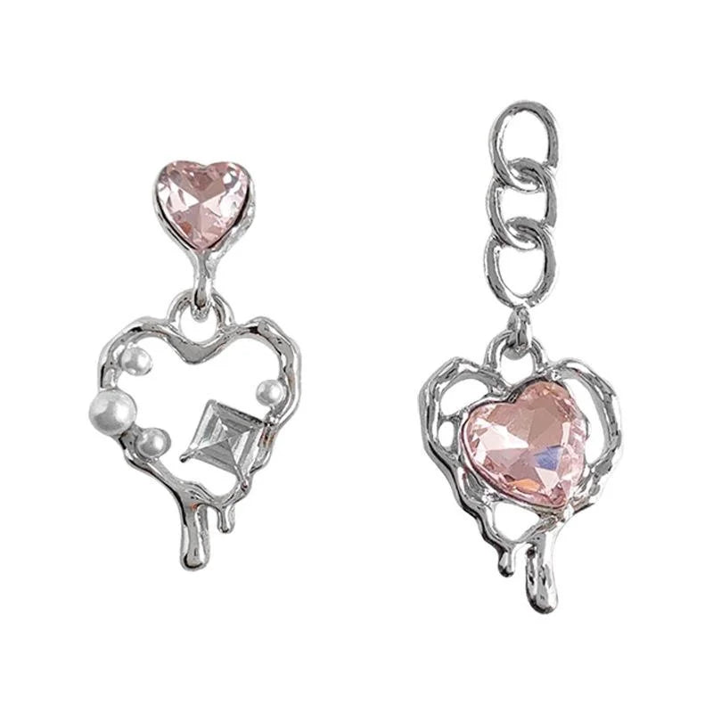 Sweet Cool Asymmetric Pink Rhinestone Heart Chain Drop Earrings For Women