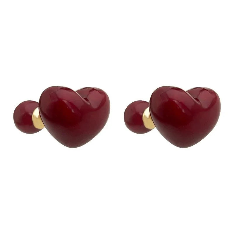 Vintage Burgundy Heart Ball Double Sided Copper Stud Earrings