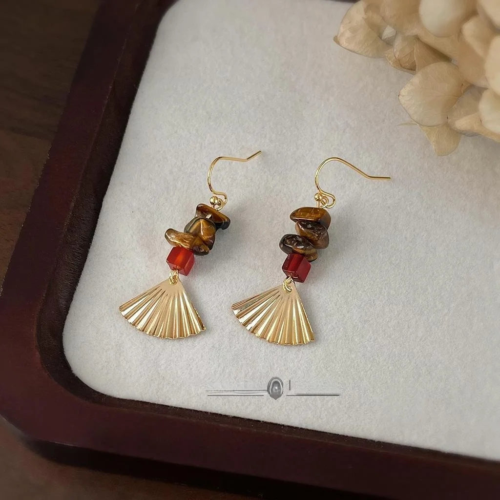 Handmade Vintage Chinese Style Tiger Eye Red Agate Copper Fan Tassel Drop Earrings