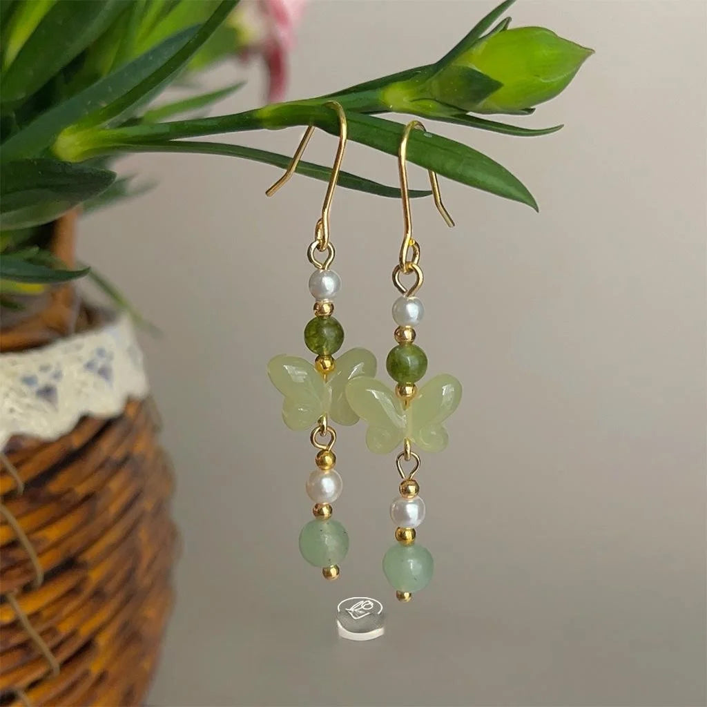 New Chinese Style Butterfly Drop Earrings Glass Crystal Pearl Jade Long Handmade Designer Jewelry
