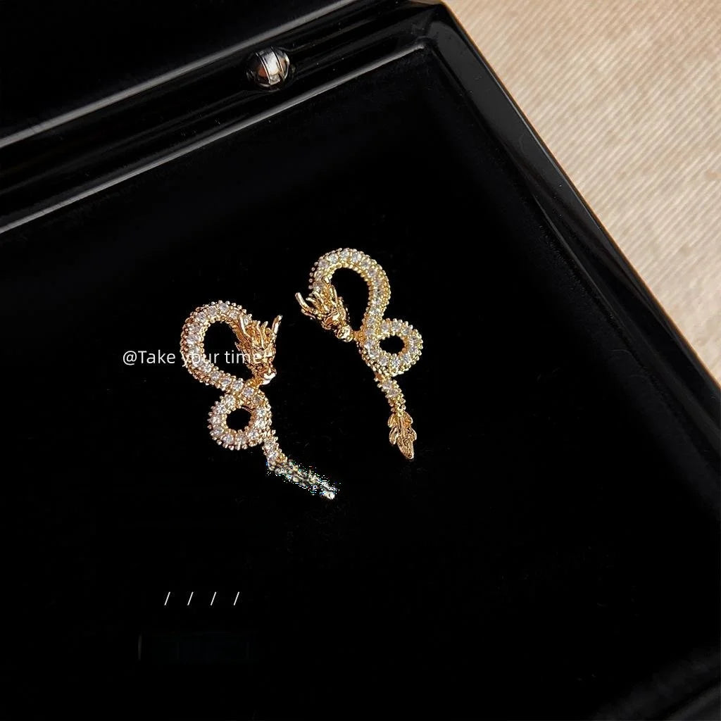 Copper Snake Stud Earrings With Micro Pave Zirconia, Light Luxury Zodiac Animal Jewelry