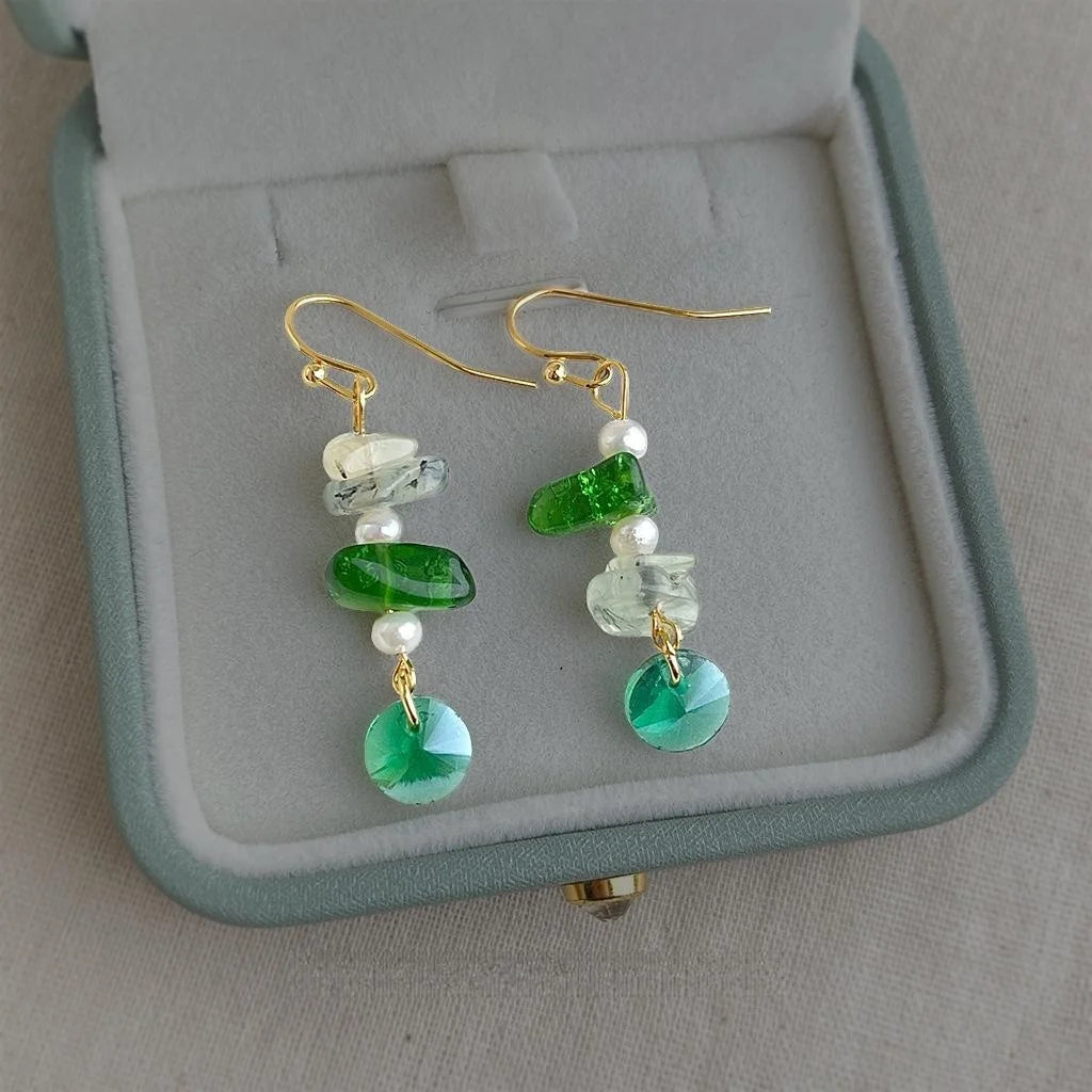 Forest Fresh Handmade Irregular Geometric Crushed Stone Freshwater Pearl Drop Earrings
