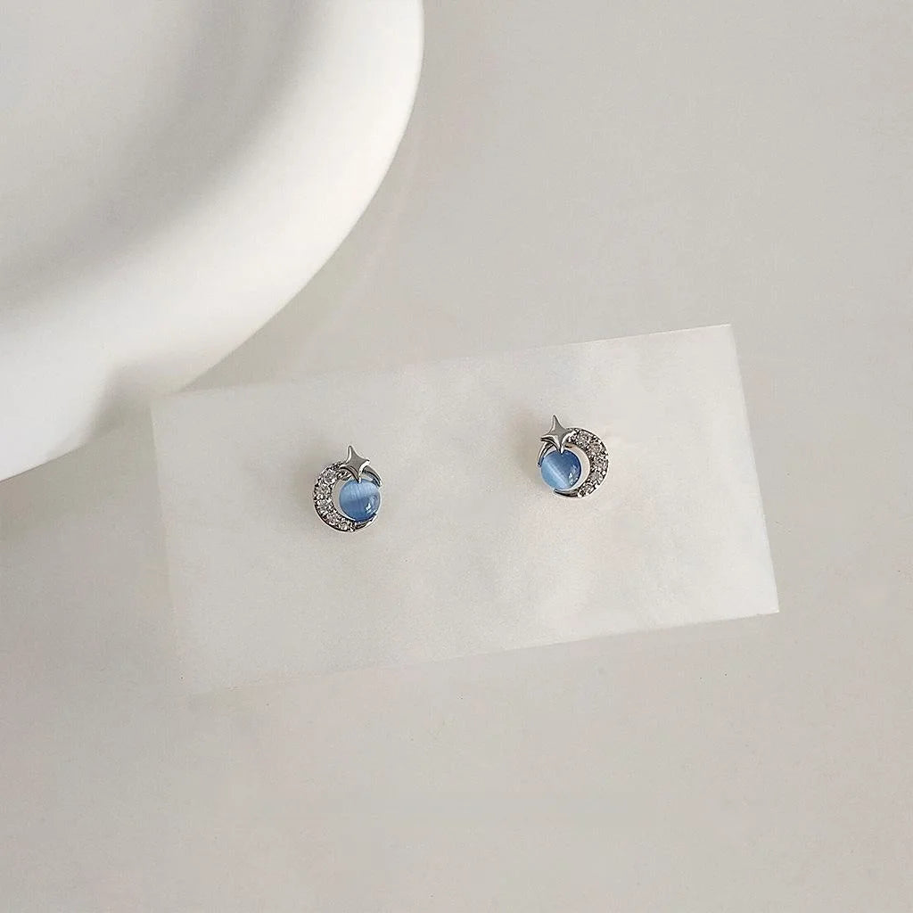 Minimalist Round Glass Cat Eye Stone Micro Pave Zircon Stud Earrings