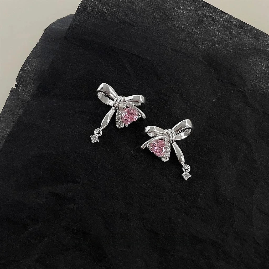 Sweet Cool Micro Pave Zircon Bow Heart Knot Stud Earrings Copper Fashion Jewelry