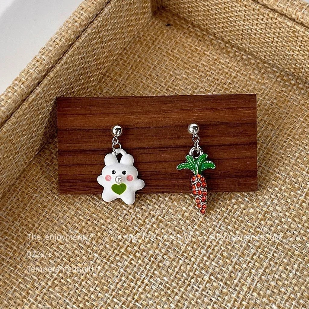 Cute Rabbit Carrot Asymmetric Stud Earrings Silver Plated Copper Cartoon Fresh Style Jewelry