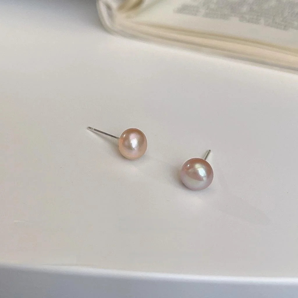 Purple Pink Freshwater Pearl Stud Earrings Silver Plated Geometric Minimalist Korean Japanese Style