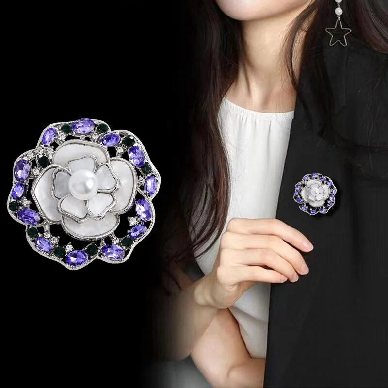 Elegant Camellia Flower Alloy Brooch With Faux Mother Of Pearl Petals, Pearl And Rhinestone Lapel Pin Gift