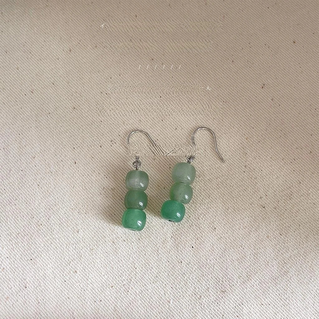 New Chinese Green Natural Stone Beaded Long Stud Earrings Geometric Round Minimalist Jewelry
