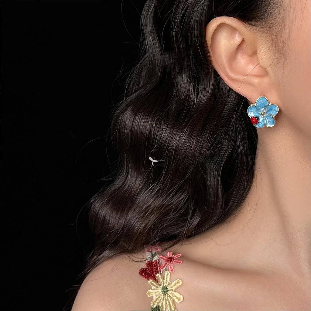 Handmade Enamel Ladybug Flower Drop Earrings Copper Fresh Sweet Floral Jewelry