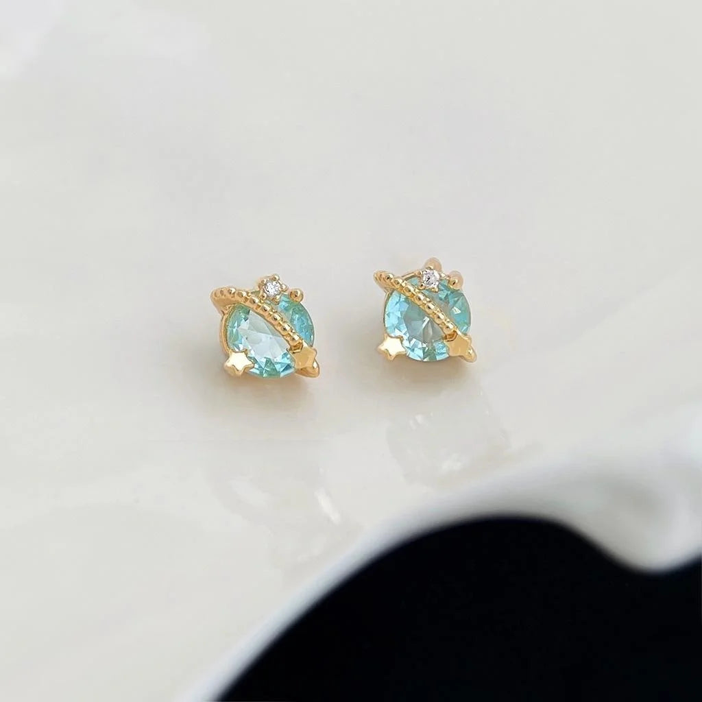 Chic Eco Copper Aquamarine Zircon Saturn Planet Round Stud Earrings For Women