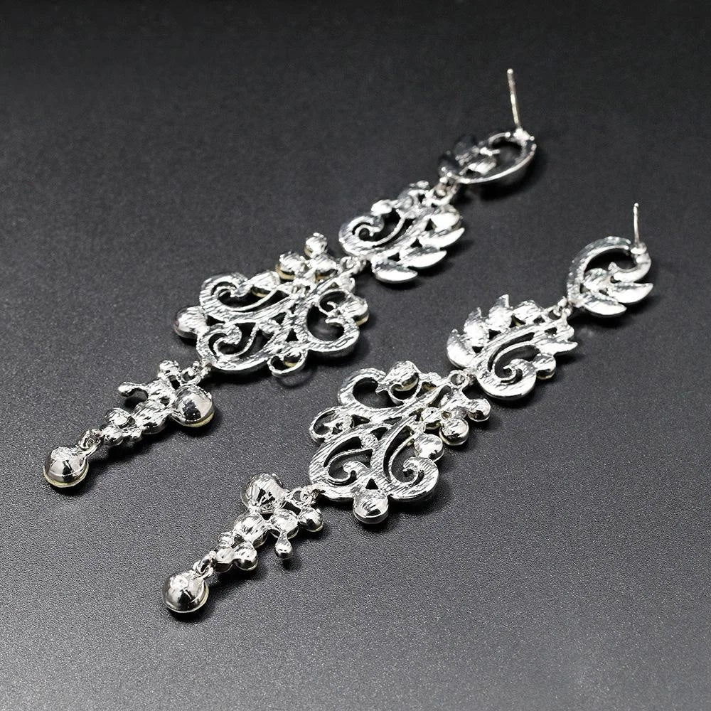 Luxury Rhinestone Crystal Long Chandelier Earrings, Elegant Silver Floral Scroll Dangle Jewelry For Wedding Party