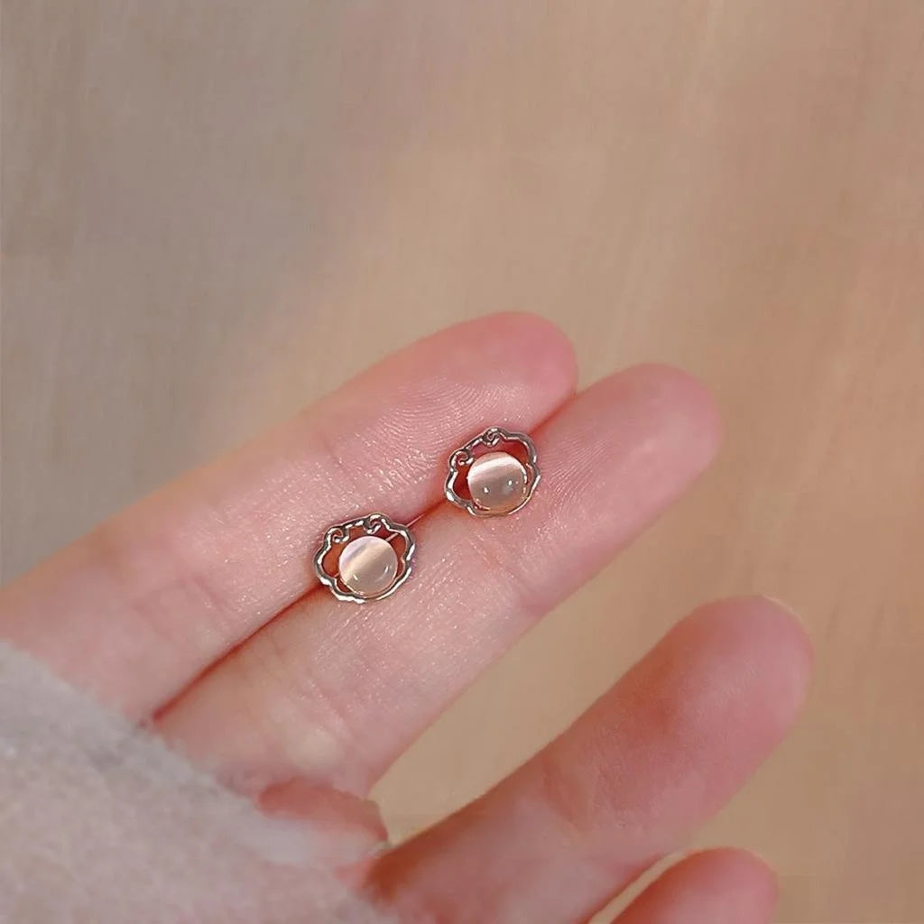 Chinese Style Mini Rose Gold Copper Ruyi Longevity Lock Glass Cat Eye Stone Stud Earrings