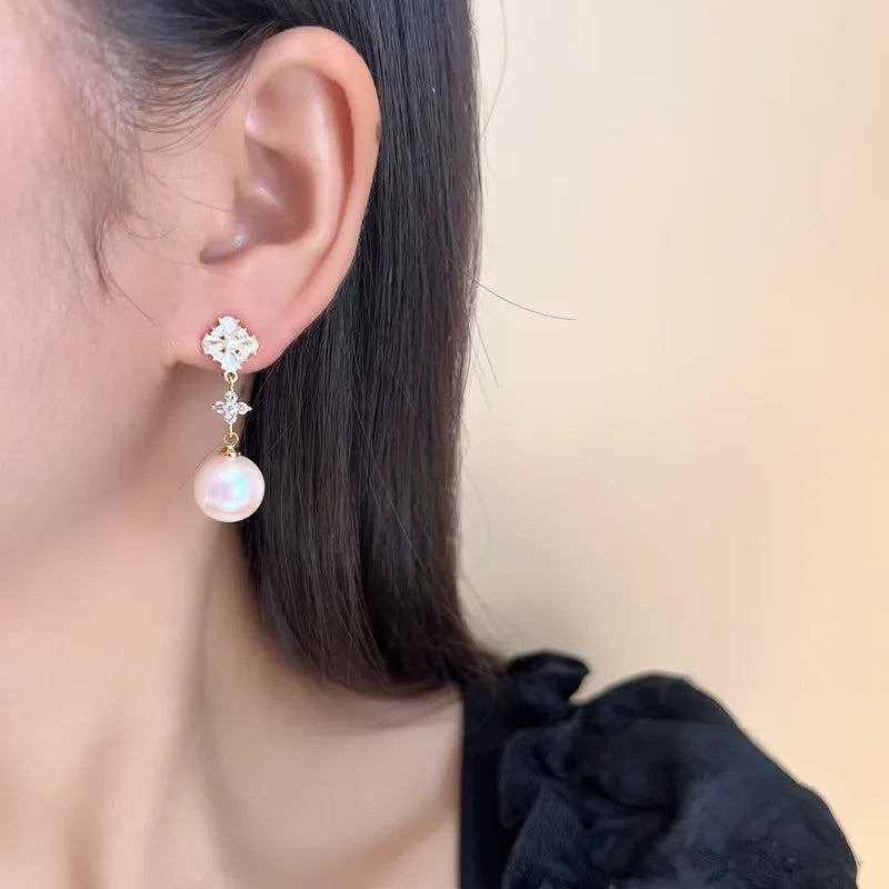 Elegant Gold Tone Flower Zircon Faux Pearl Long Drop Stud & Clip On No Piercing Dangle Earrings
