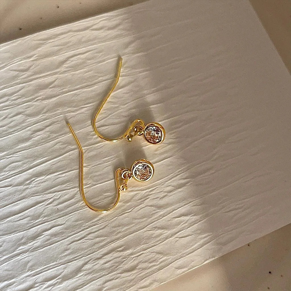 Minimalist 14K Gold Plated Zircon Round Geometric Drop Earrings, Mini Premium Jewelry