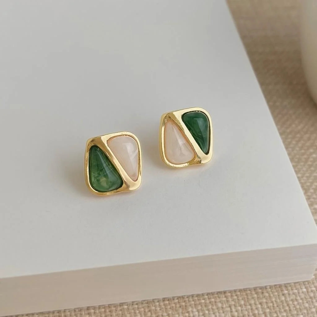 French Vintage Two-Tone Green Geometric Square Copper Stud Earrings For Women