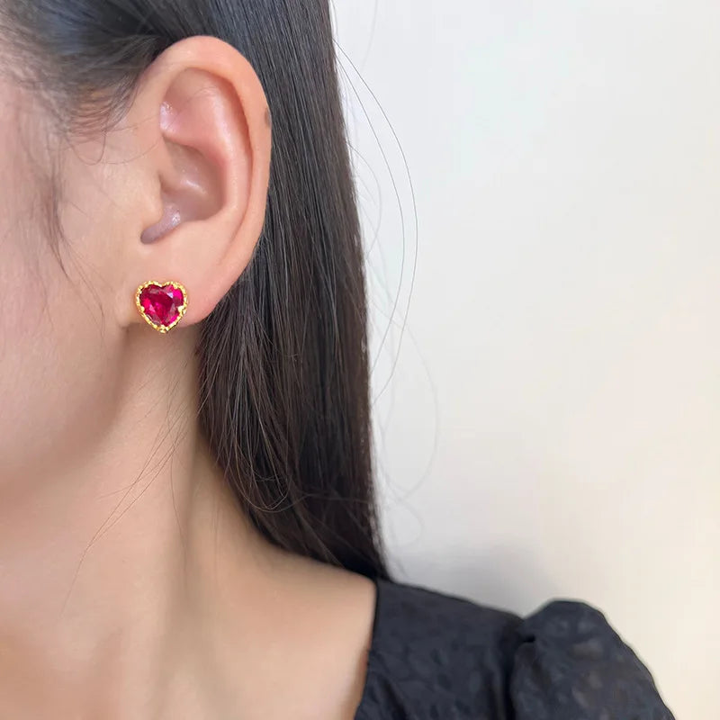 Elegant Rose Red Heart Zircon Gold Tone Alloy Stud & Clip On No Piercing Minimalist Everyday Earrings
