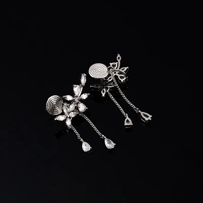 Elegant Forest Floral Rhinestone Tassel Ear Cuff Stud & Clip On No Piercing Chain Drop Earrings
