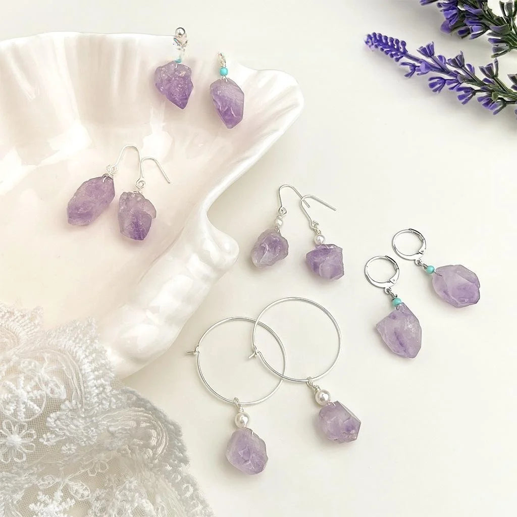 Handmade Natural Amethyst Drop Earrings Elegant Lavender Purple Irregular Geometric Jewelry