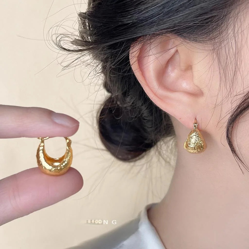 French 14K Plated Copper Geometric Hoop Drop Earrings Minimalist Chic Jewelry