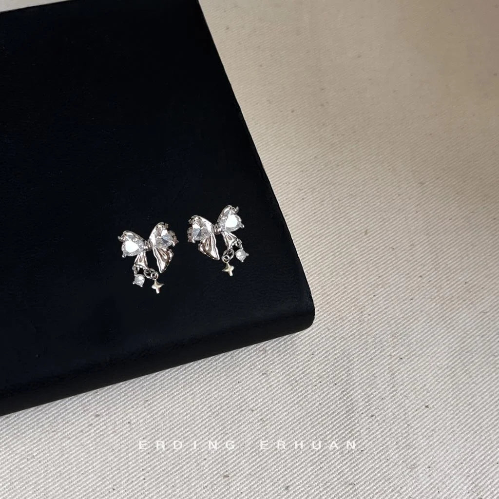 Light Luxury Micro Pave Zircon Heart Bow Copper Drop Earrings With Silver Plated Pins