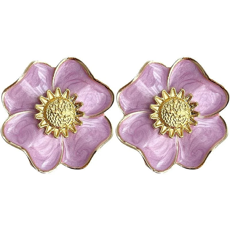 Vintage French Floral Alloy Stud Earrings Pink Purple Enamel Daisy Statement Jewelry