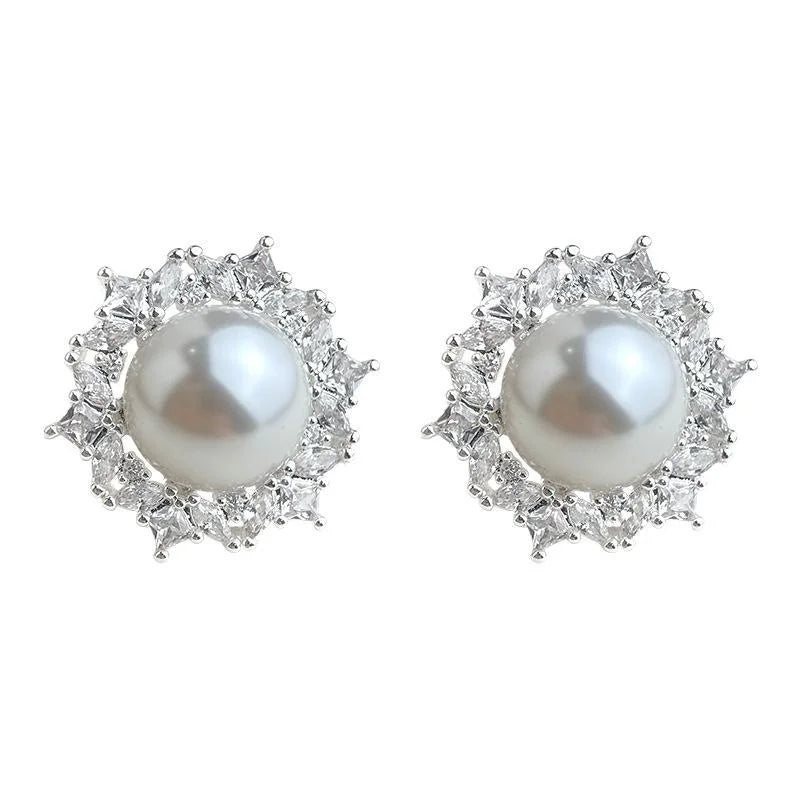 Elegant Round Geometric Zircon Glass Pearl Copper Stud Earrings