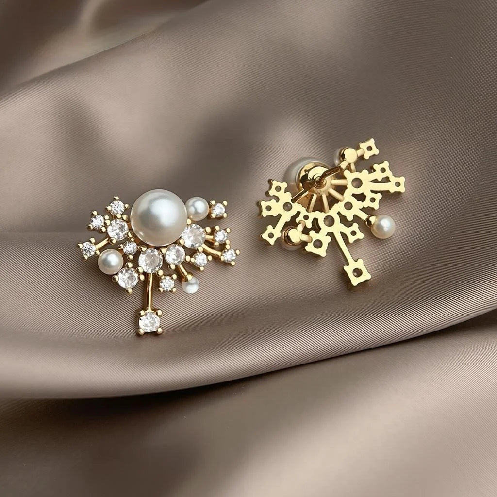 Premium Micro Pave Zircon Pearl Star Firework Stud Earrings With Silver Plated Pins
