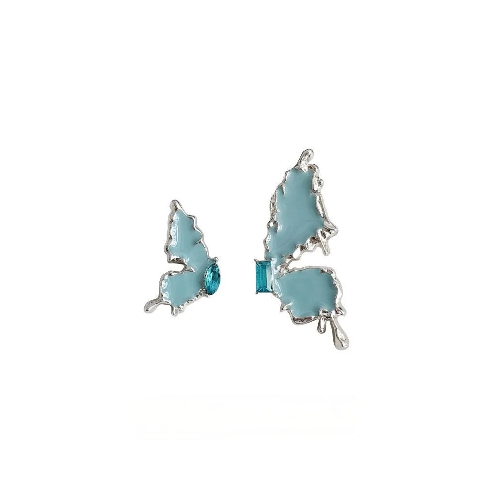 Asymmetric Blue Enamel Liquid Butterfly Copper Stud Earrings Sweet Cool Silver Plated Pin Jewelry
