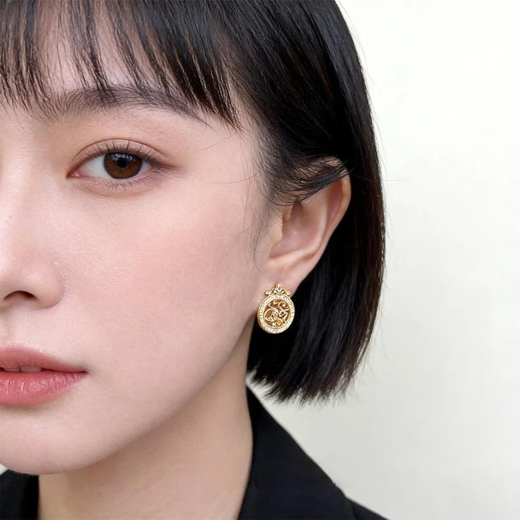 Old Money Style Micro Pave Zircon Geometric Auspicious Pattern Copper Stud Earrings