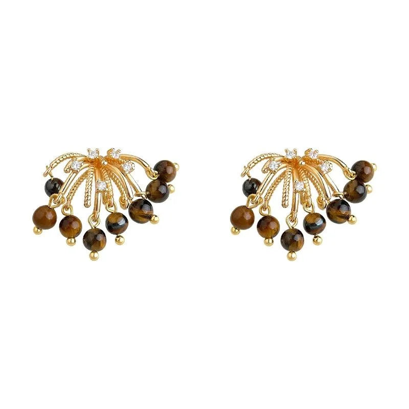 Maillard Style Silver Plated Copper Natural Tiger Eye Zircon Firework Tassel Drop Earrings