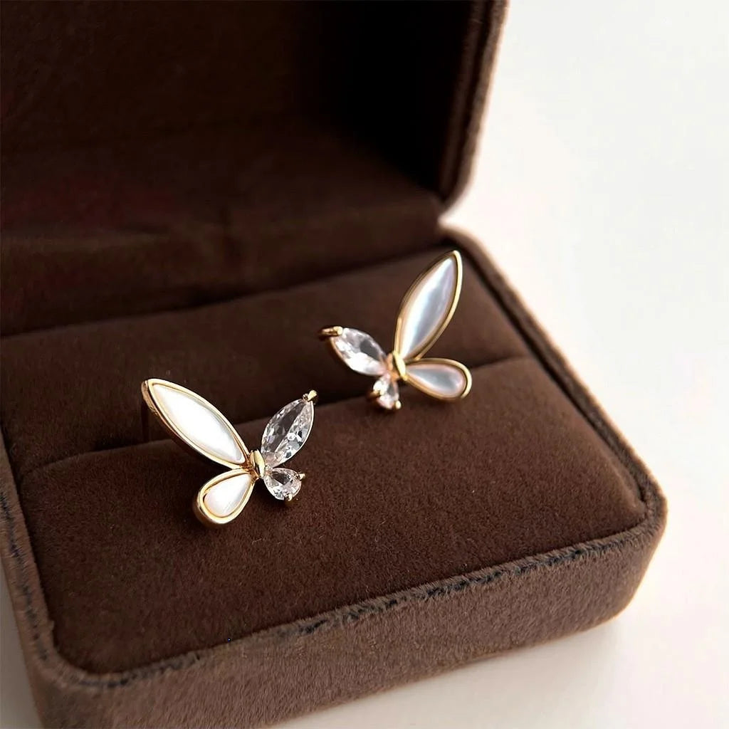 French Romantic Butterfly Stud Earrings With Real Shell Inlay Zircon Irregular Flower Luxury Style