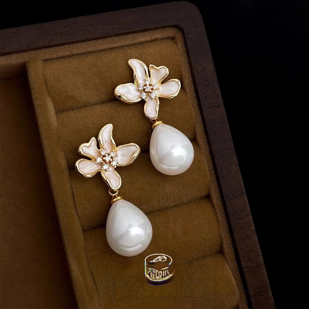 Elegant White Iris Flower Drop Earrings With Zircon Pave, Enamel, 14K Plated Copper And Pearl