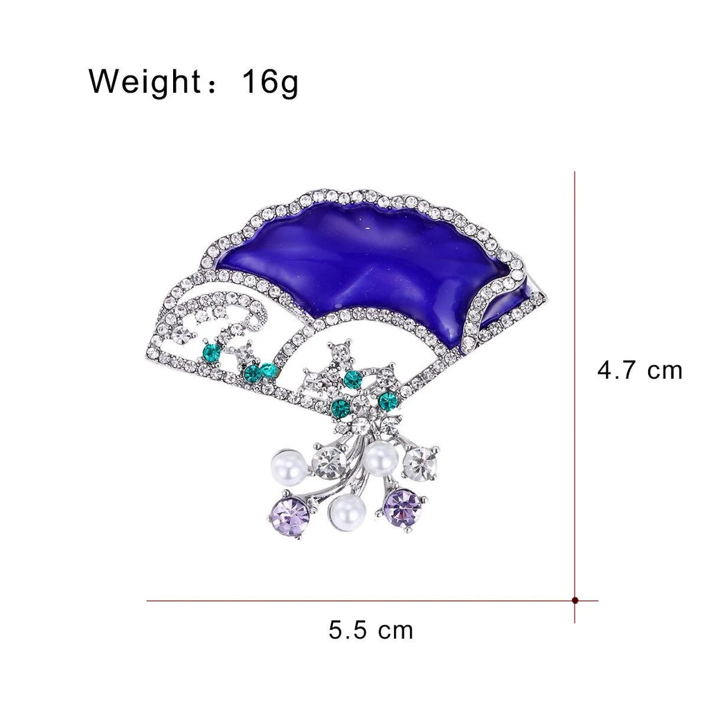 Elegant Blue Enamel Fan Brooch With Rhinestone And Faux Pearl Tassels, Women's Lapel Pin Gift