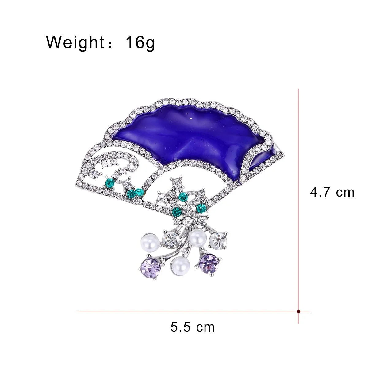Elegant Blue Enamel Fan Brooch With Rhinestone And Faux Pearl Tassels, Women's Lapel Pin Gift