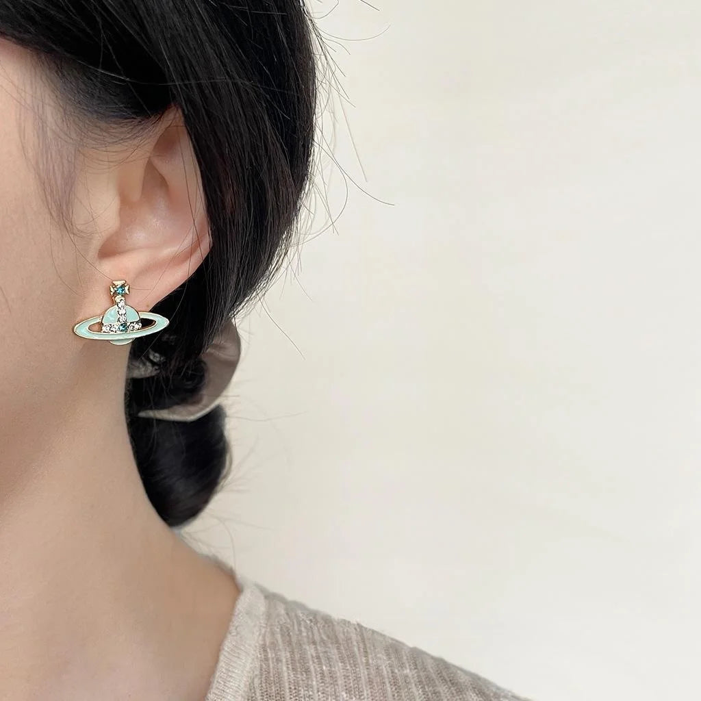 Mint Green Saturn Planet Stud Earrings Copper Drip Glaze Rhinestone Sweet Cool Jewelry