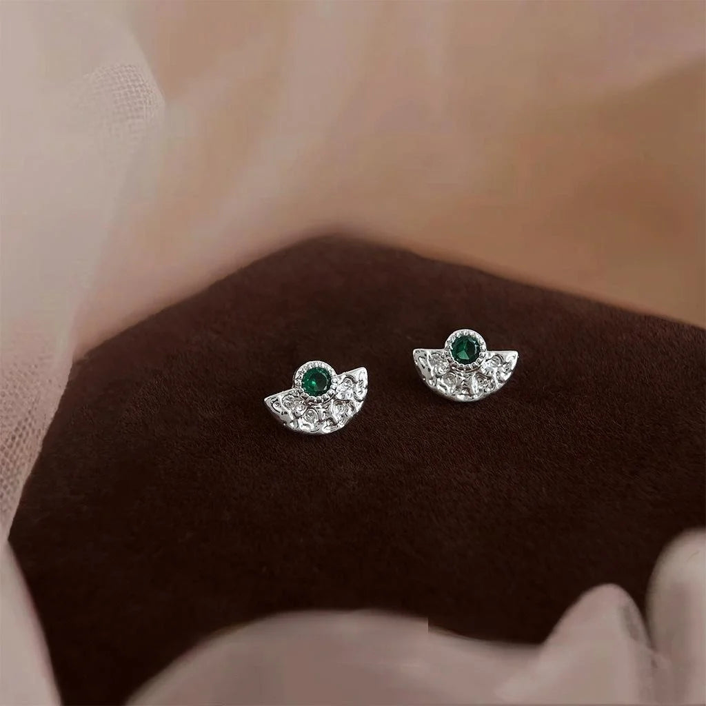 Premium Copper Fan Pleated Geometric Zircon Micro Pave Stud Earrings New Chinese Style