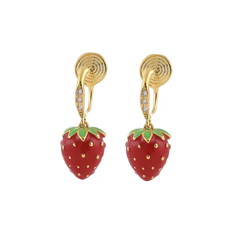 Sweet Cute Enamel Strawberry Alloy Zircon Luxury Long Drop Stud & Clip On No Piercing Fruit Earrings