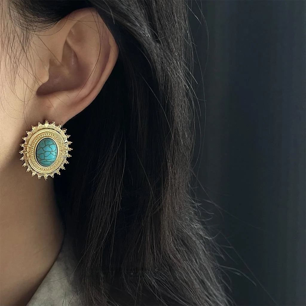 Vintage Oval Synthetic Turquoise Copper Sunflower Court Style Drop Earrings For Women