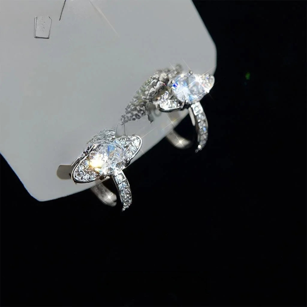 Sparkly Copper Zircon Saturn Planet Star Stud Earrings Creative Style Jewelry