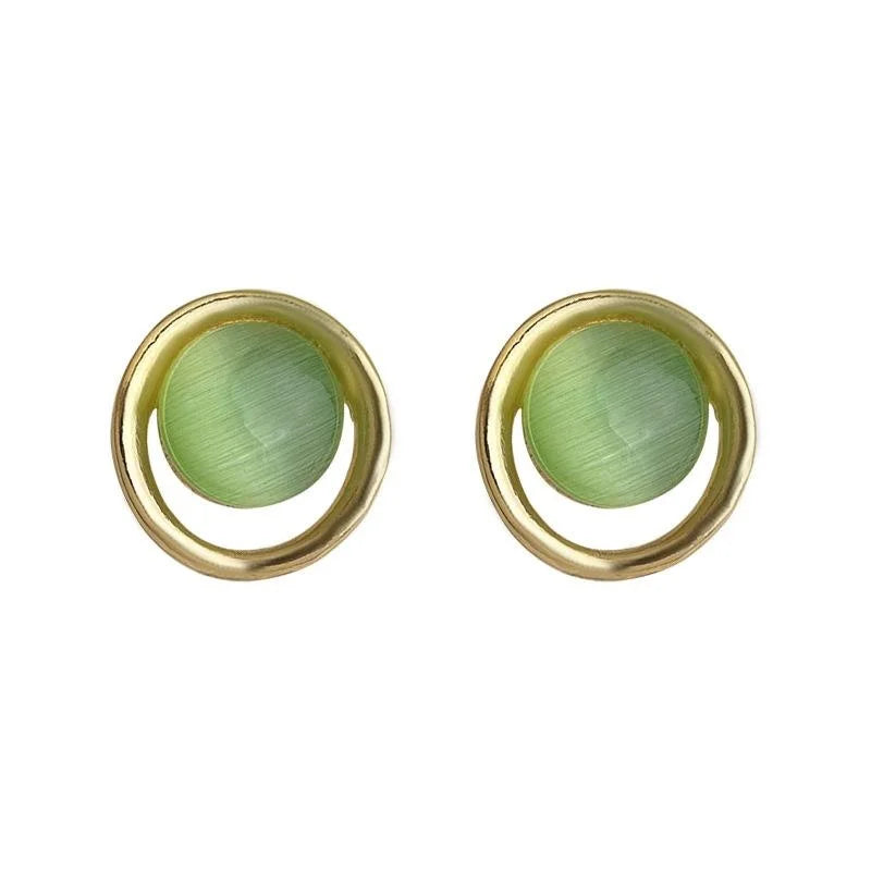 Fresh Green Glass Cat Eye Stone Round Geometric Copper Stud Earrings For Commuting