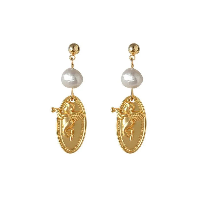 Vintage Oval Baroque Freshwater Pearl Stud Earrings 14K Plated Matte Copper