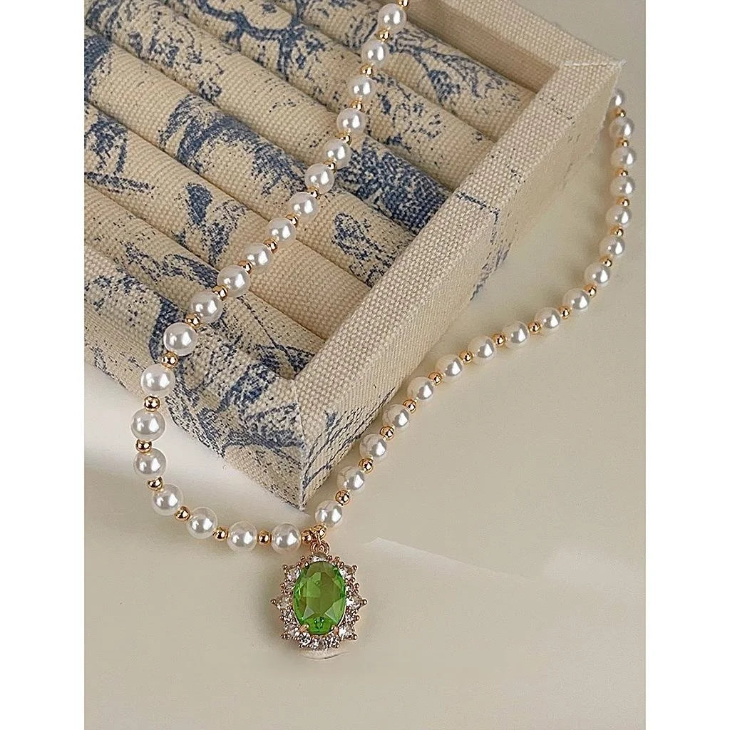 Glass Pearl Zircon Inlaid Geometric Collarbone Necklace For Women Elegant Sweater Chain
