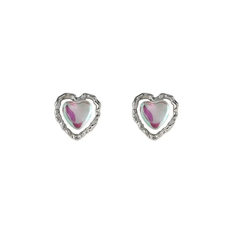 Sweet Cool Iridescent Pink Heart Stud Earrings Eco Copper White Moonlight Design