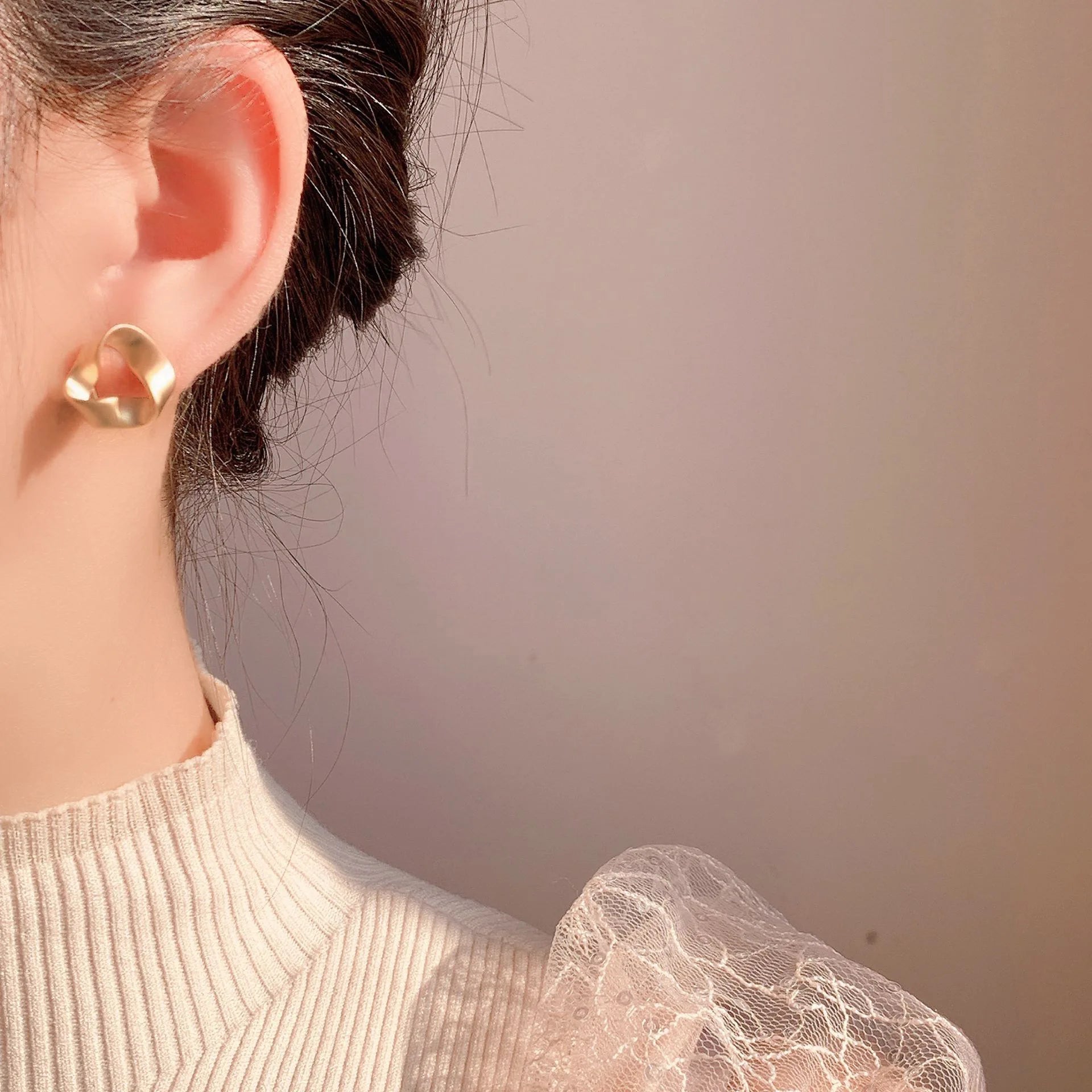 Vintage Matte Gold Alloy Twisted Triangle Hoop Stud & Clip On No Piercing French Elegant Earrings
